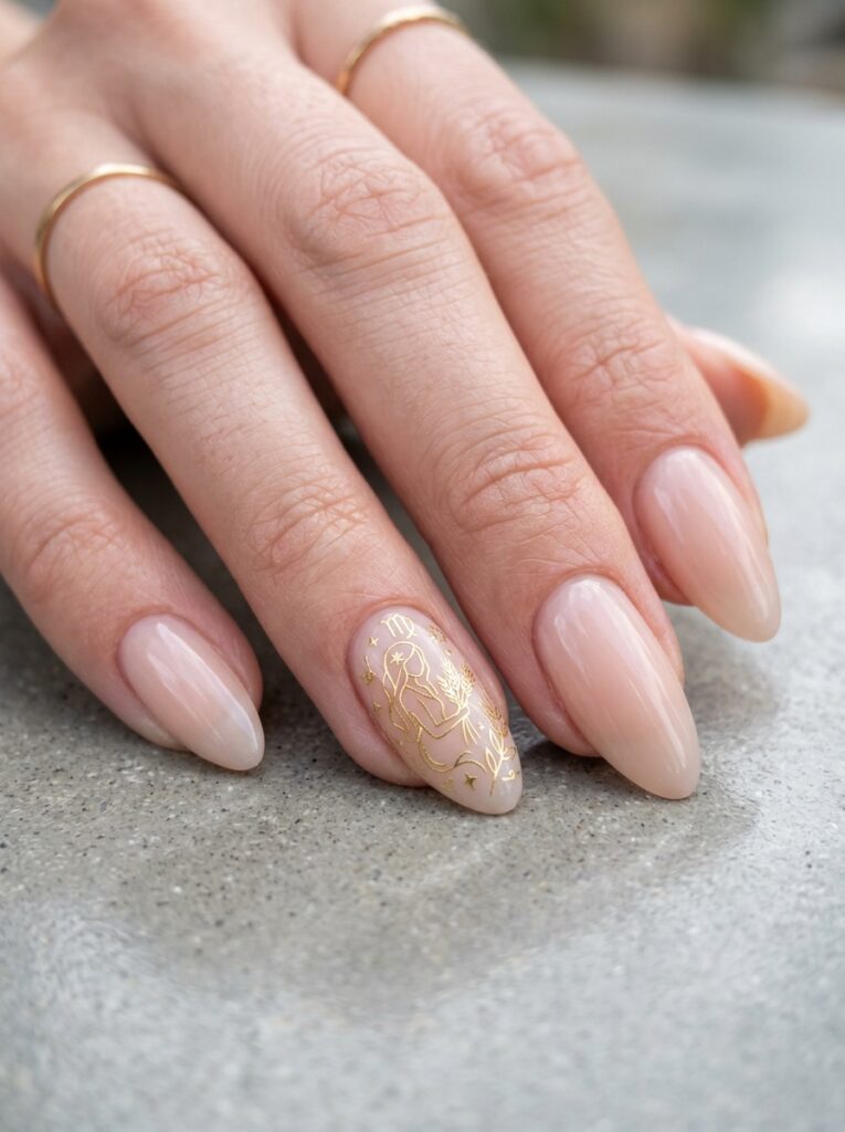fine line virgo maiden outline nail art in gold