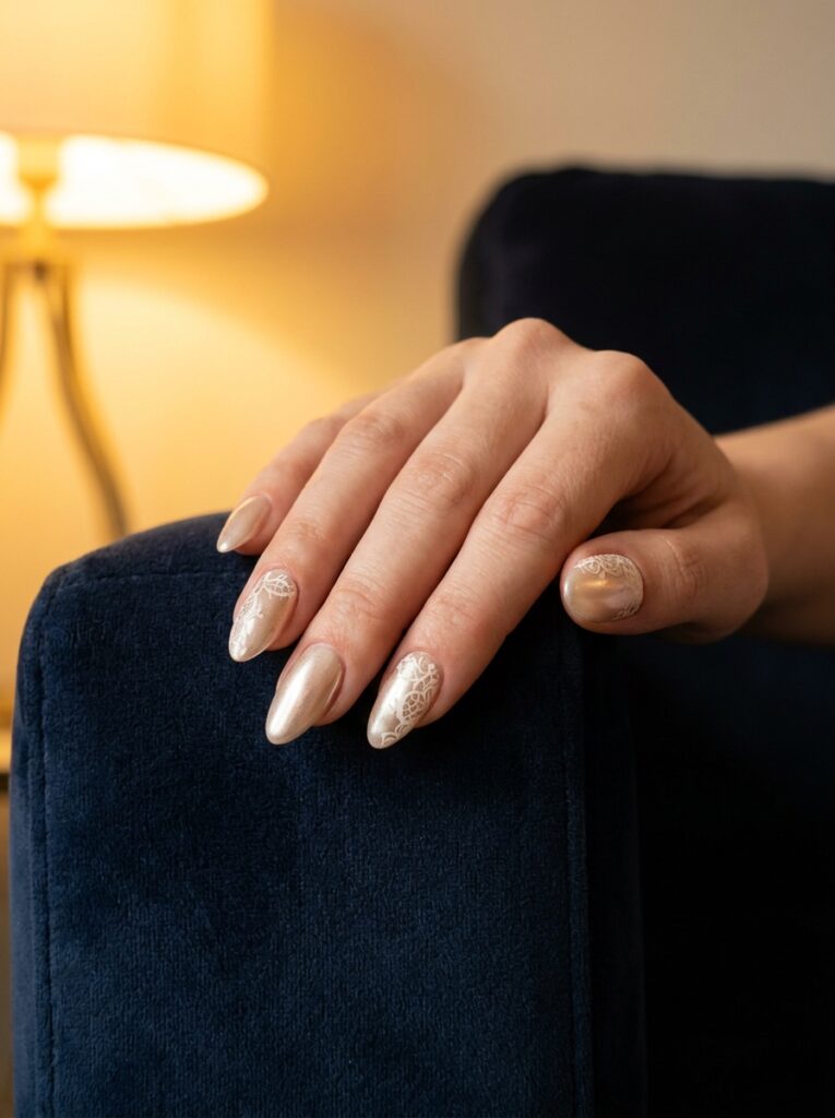 champagne chrome nails with ivory lace