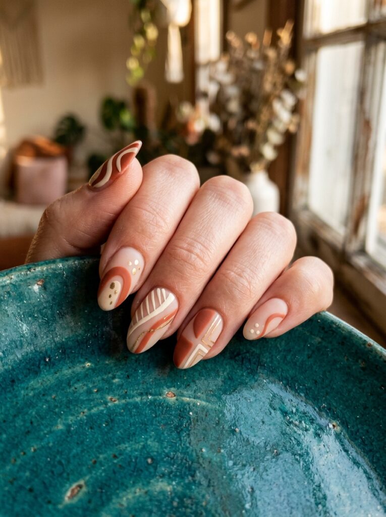 terracotta and cream asymmetric line art nails