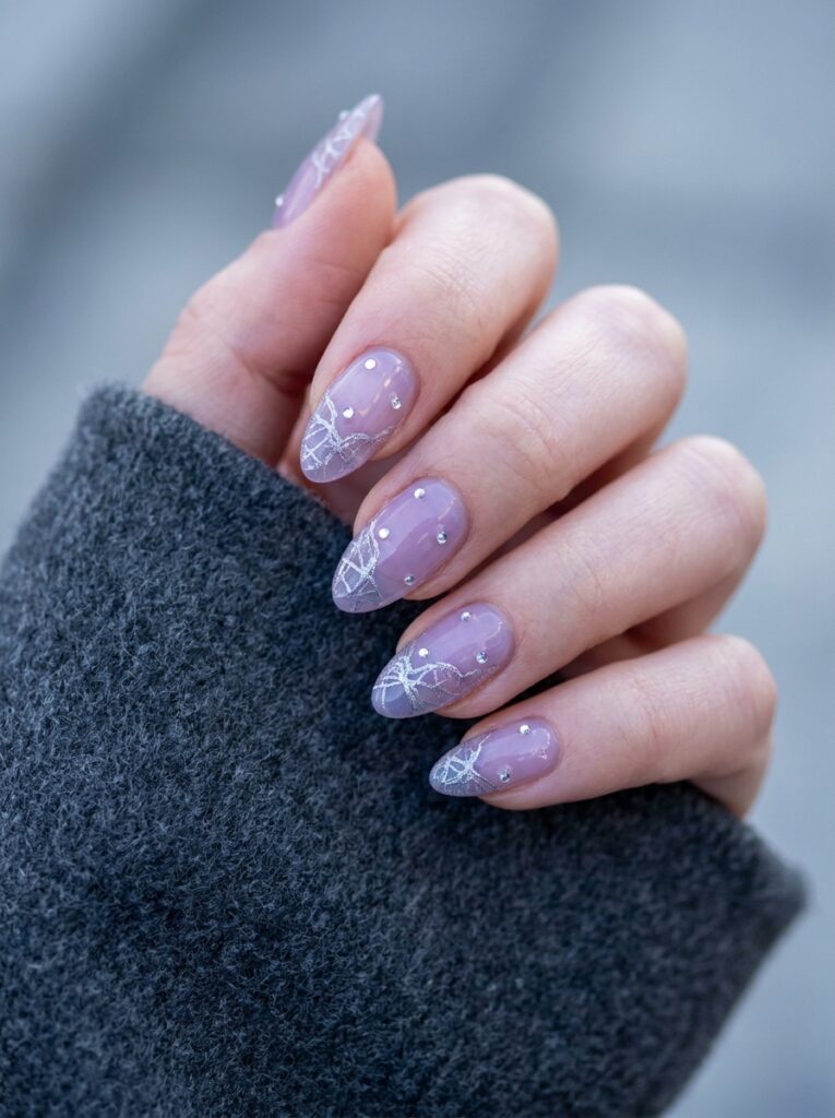 lavender jelly nails with silver lace and crystals