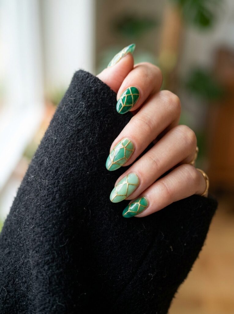 emerald stained glass nails with gold outlines
