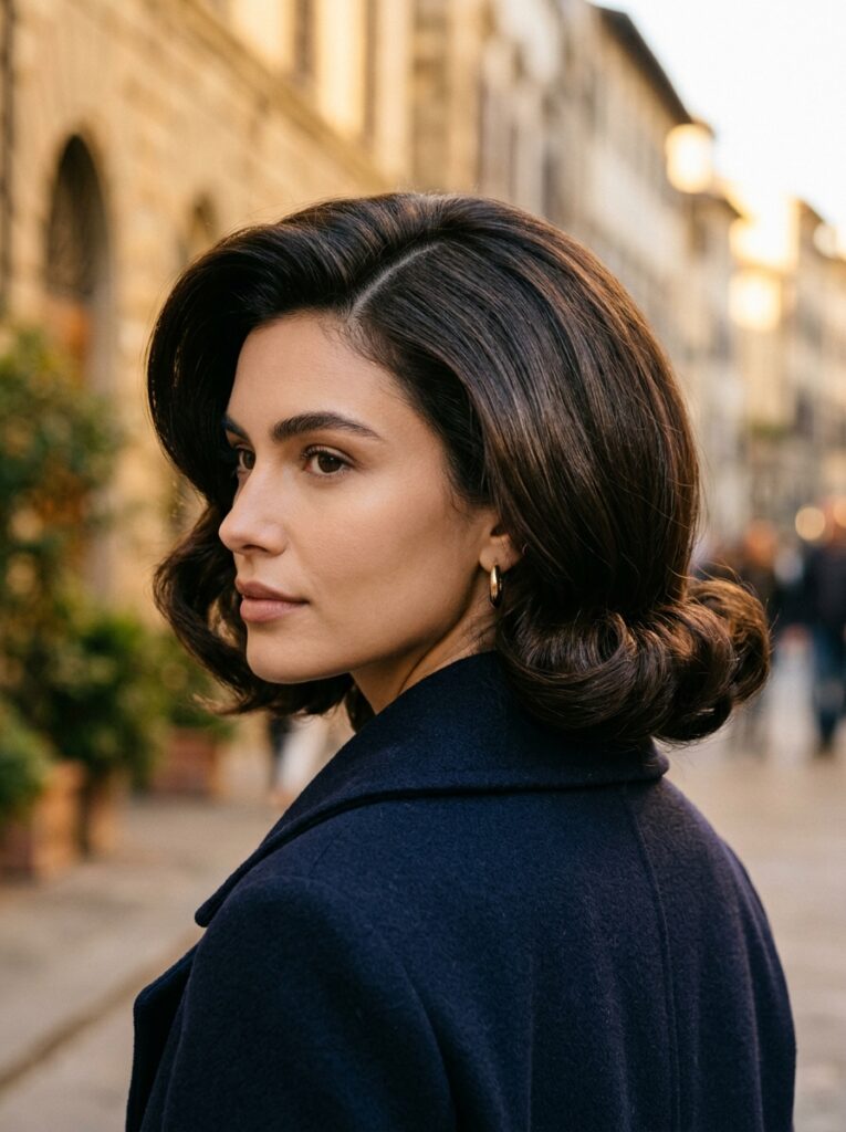 Voluminous dark espresso baroque bob with blowout body.