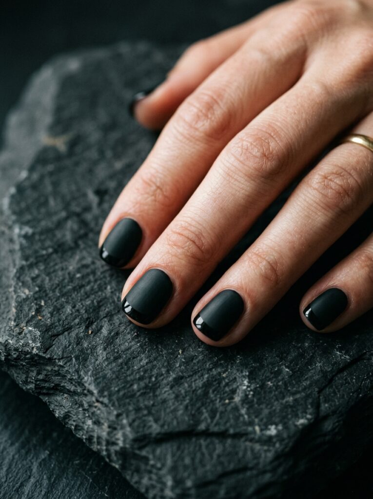 matte black nails with glossy french tips