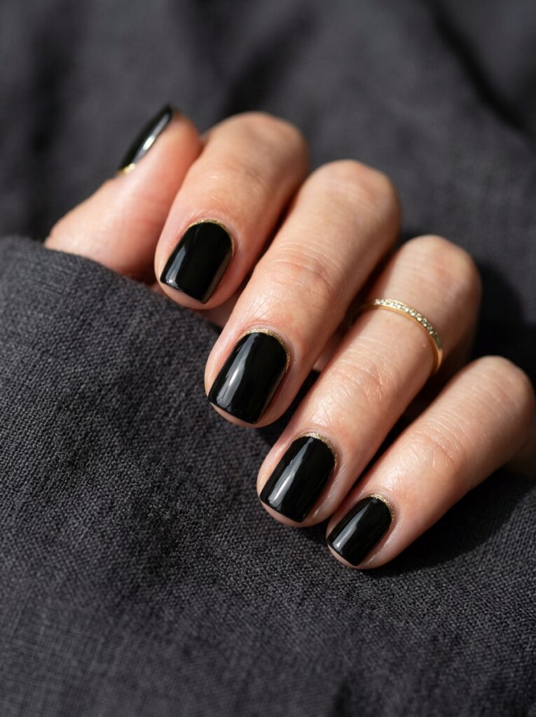 black onyx nails with gold cuticle arcs