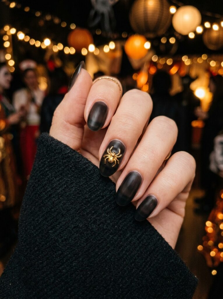gold spider charm accent nail on smoky black jelly