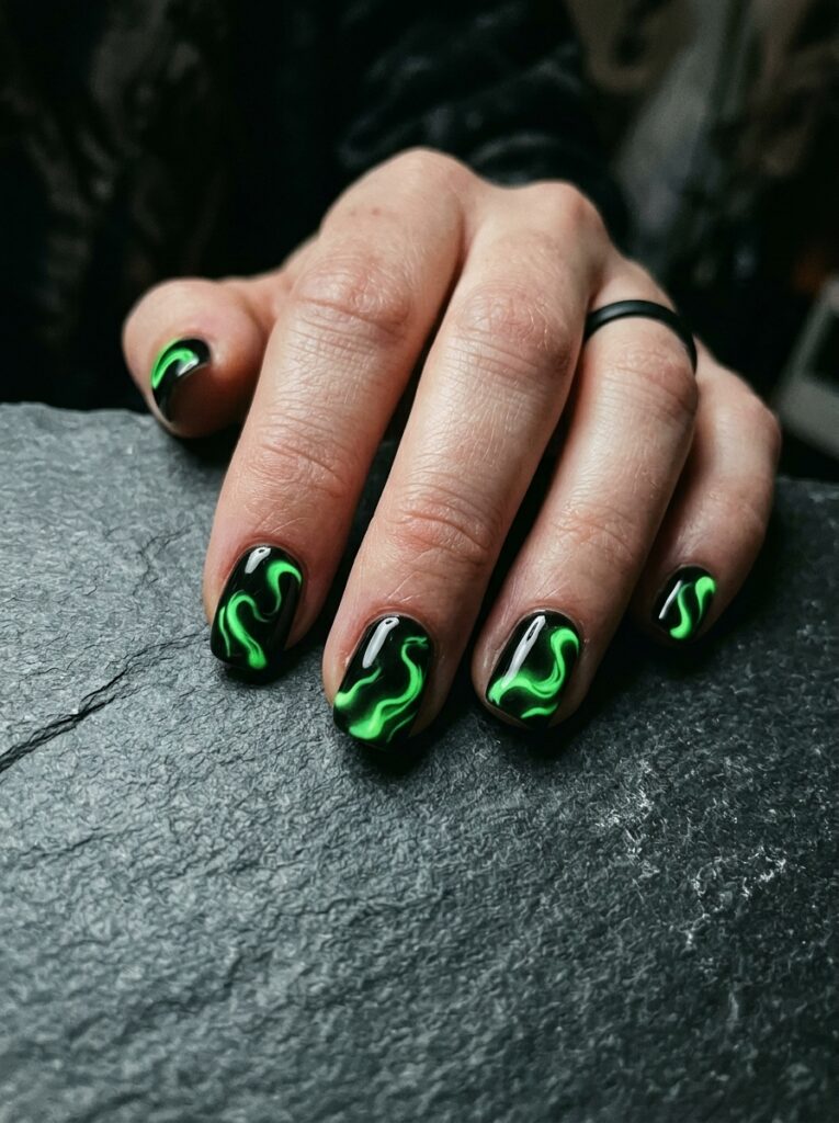 glow in the dark slime green swirl nails
