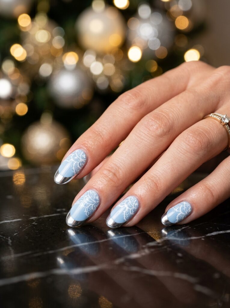 baby blue lace nails with silver chrome tips