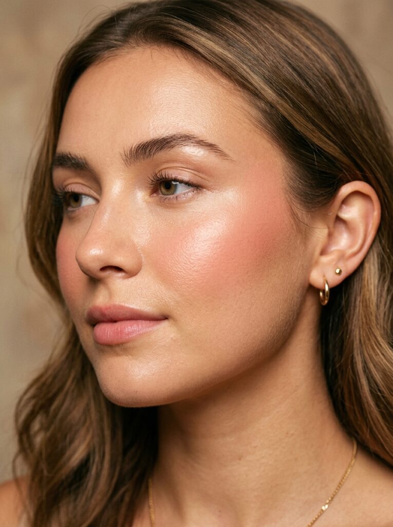 blush applied to apples of cheeks blended upward