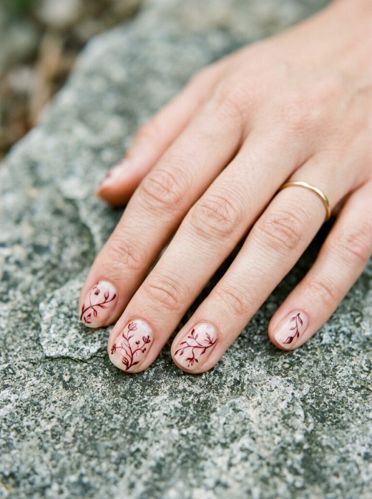 fine line botanical vines in carmine nail art