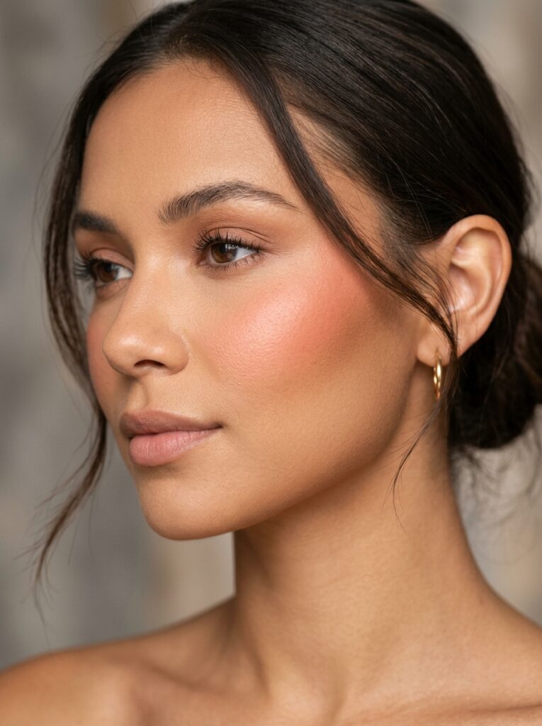 blush layered over bronzer on cheekbone