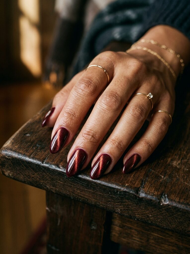 burgundy velvet cat eye nails
