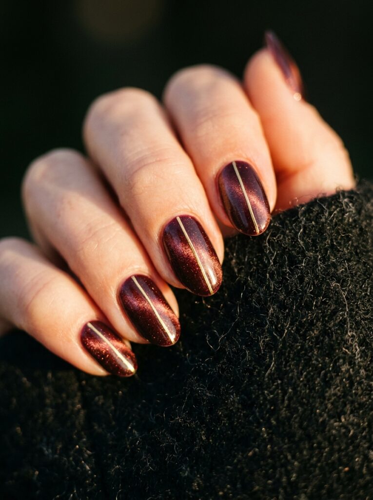 burgundy velvet cat eye nails with gold pinstripe