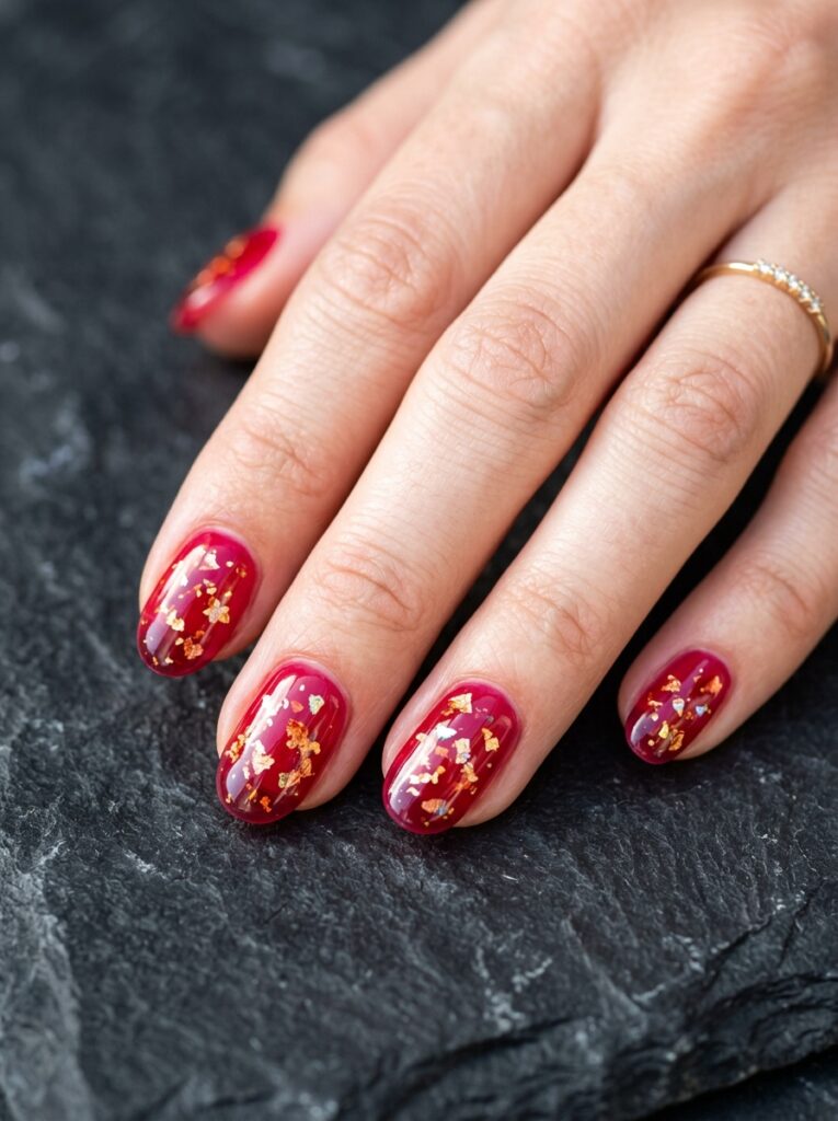 translucent jelly cherry nails with foil flakes