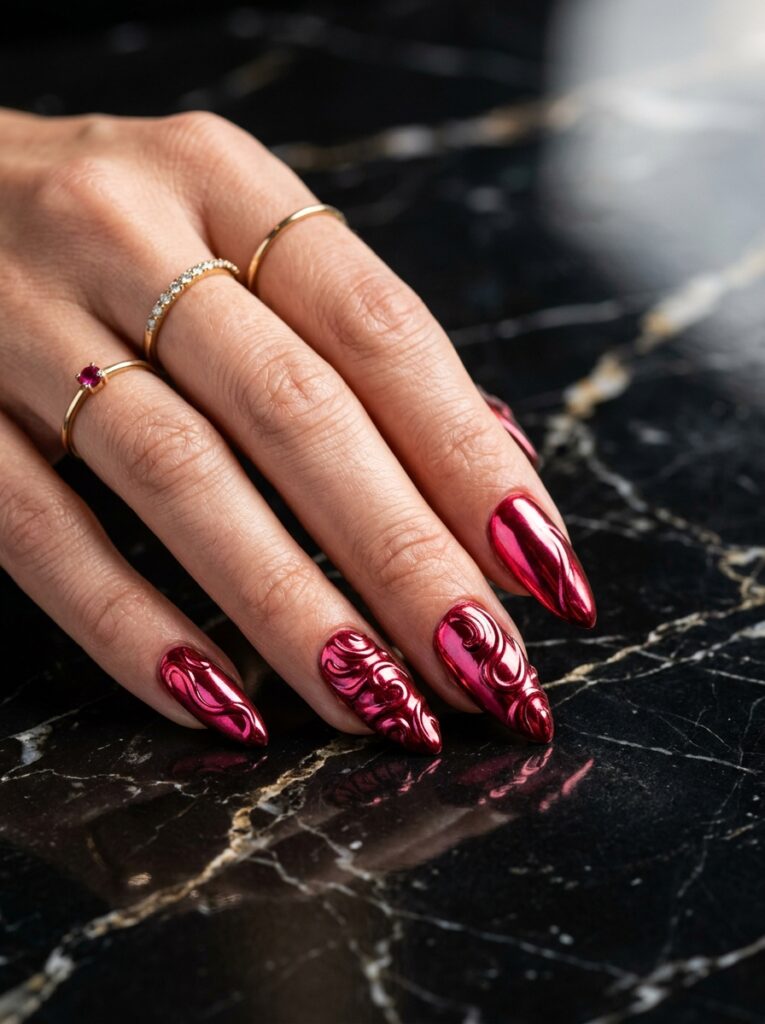 metallic ruby chrome nails with sculpted swirls
