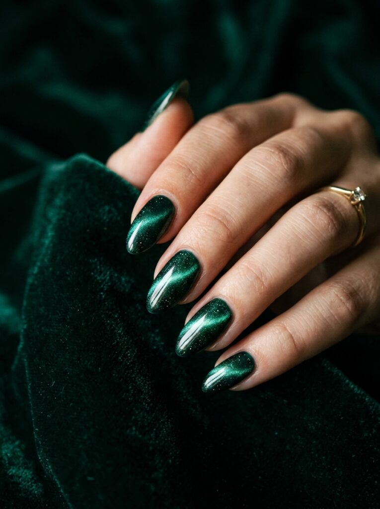 emerald velvet cat eye nails jewel tone