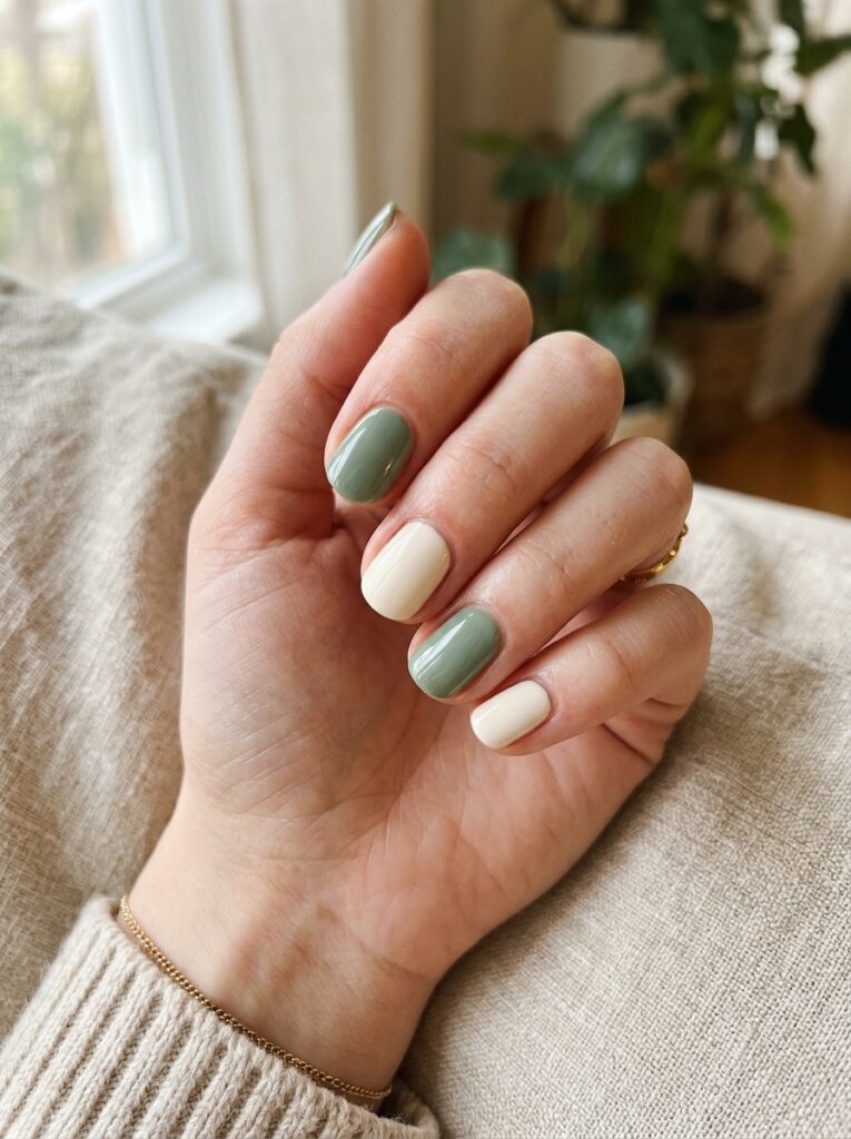 sage green and cream nail combo