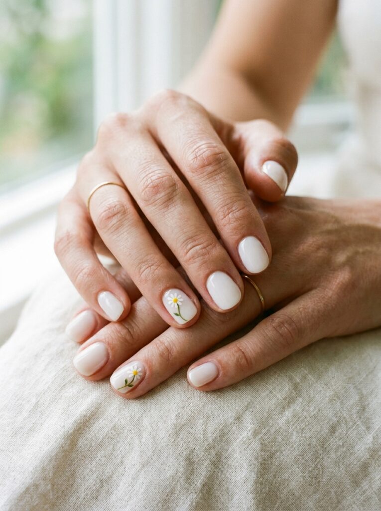 daisy accent nail art on milky base
