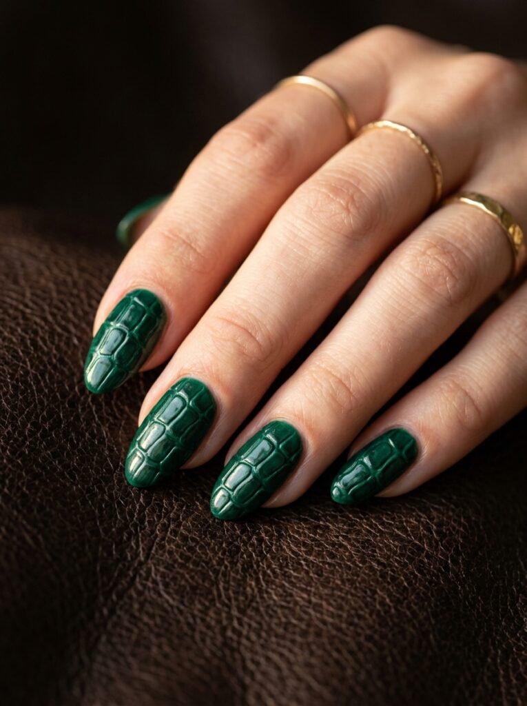 textured emerald croc print nails