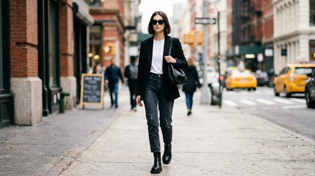 fashionable girl walking on street