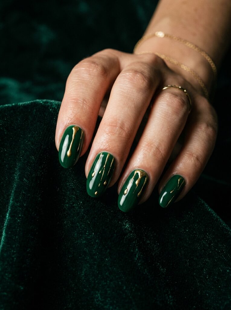 molten gold drips on glossy emerald nails
