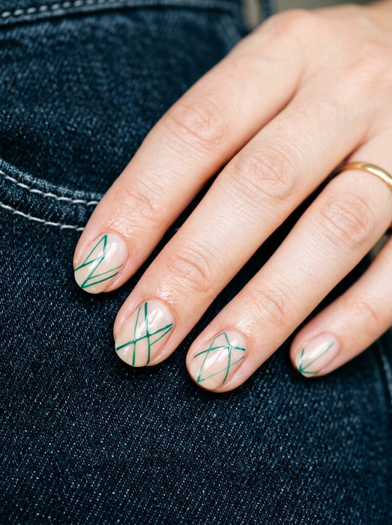 negative space emerald geometric line art nails