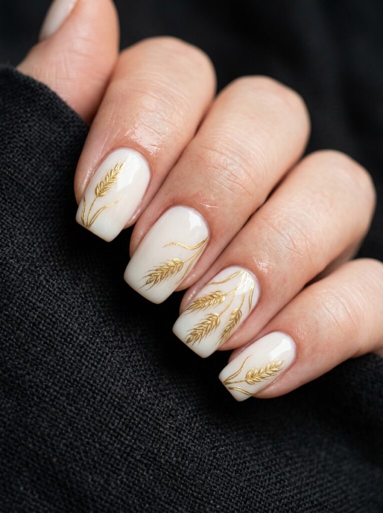 fine line gold wheat sheaf nail art on milky white base