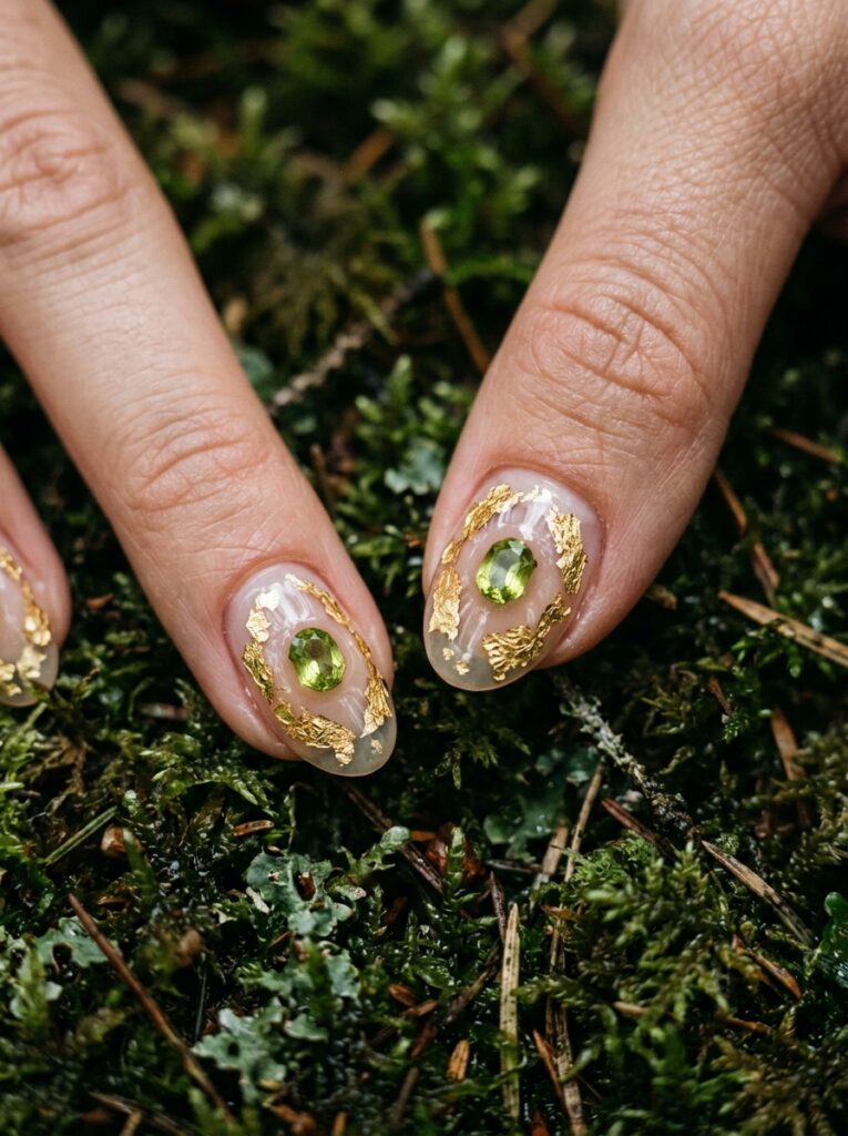 peridot crystal inlay nails with gold leaf accents