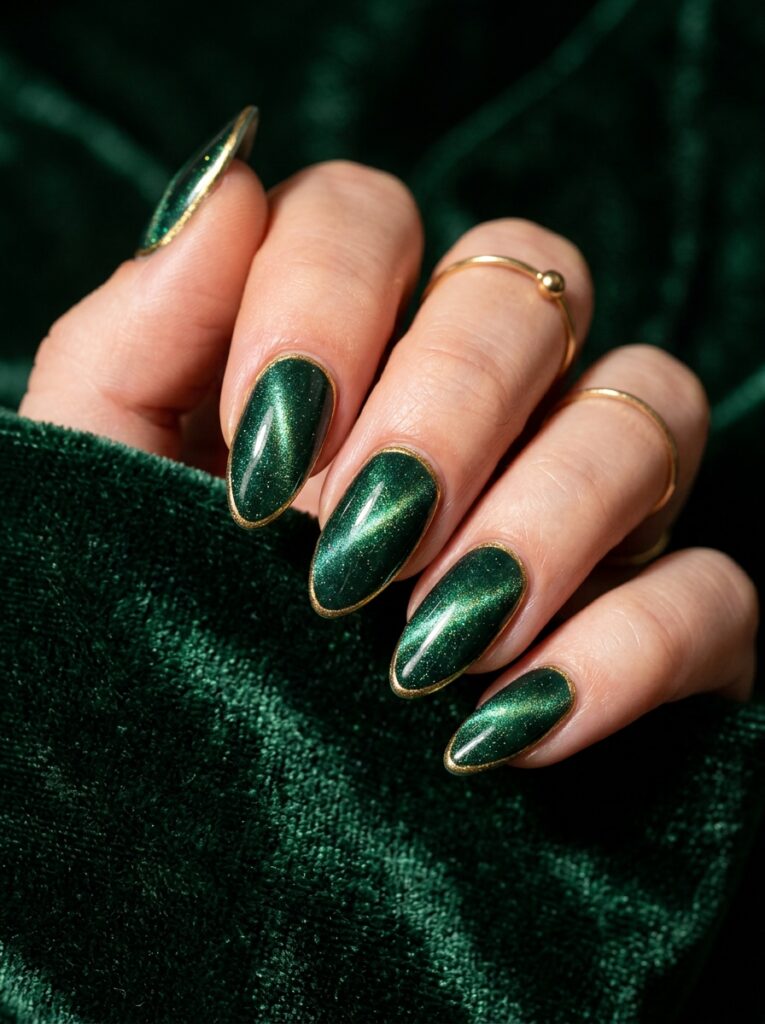 forest green cat eye nails with thin gold outlines