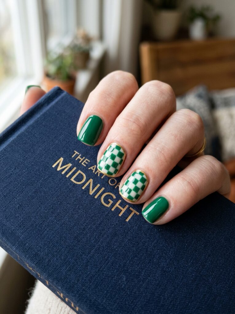 emerald and milky checkerboard nails
