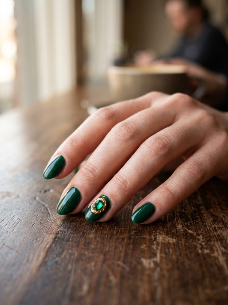 emerald nails with gem ring accent and gold bezel