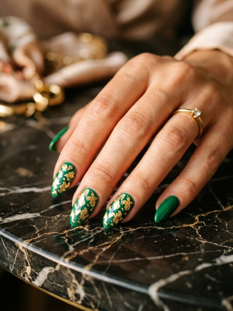 glossy emerald nails with gold foil flakes