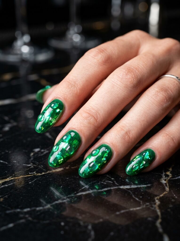 3d water droplets on glossy emerald nails