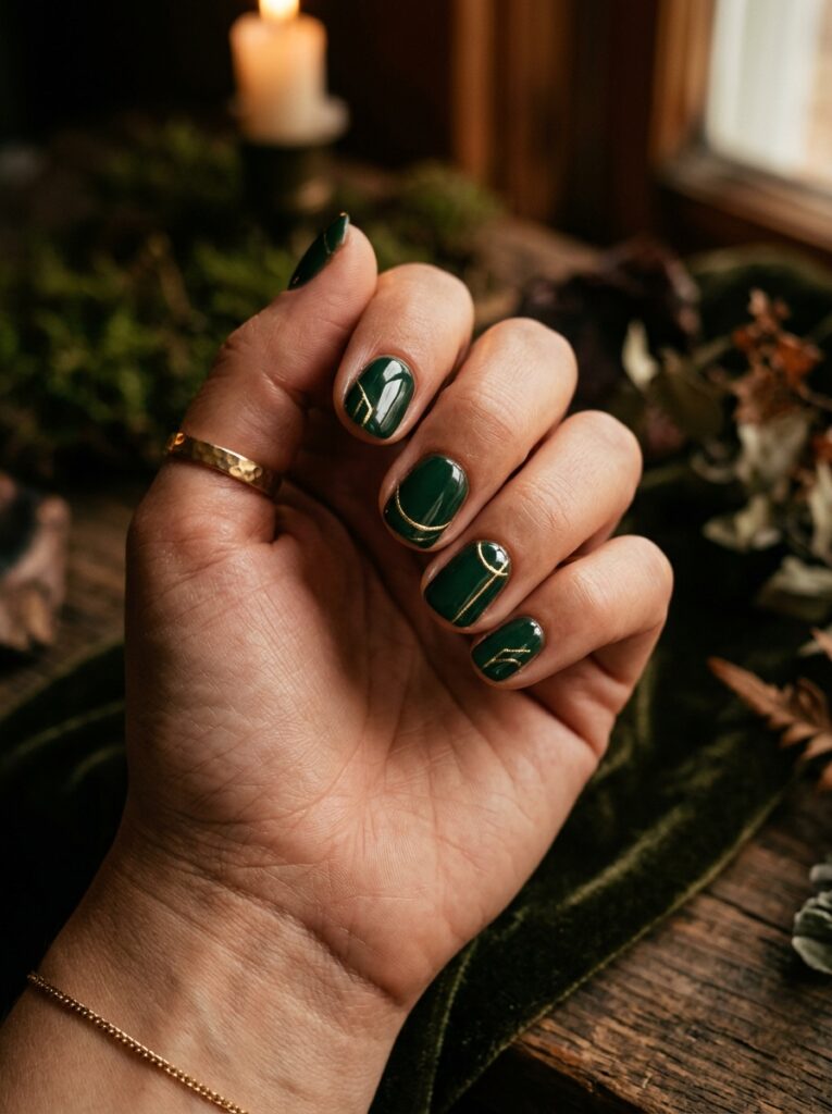 forest green nails with gold accents