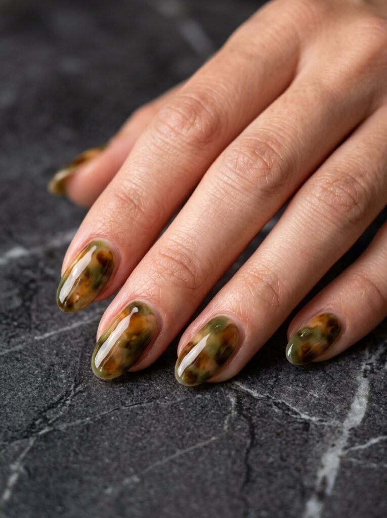 moss green tortoiseshell nails with amber patches