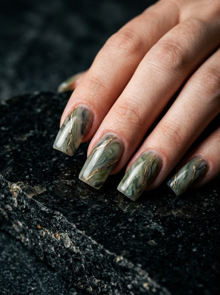 agate marble nails with gold foil veining