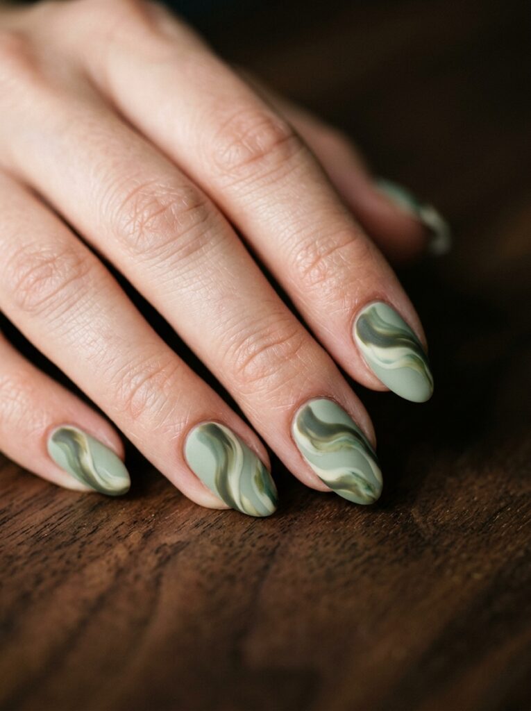 matte sage green and olive swirl nails on short almond shape
