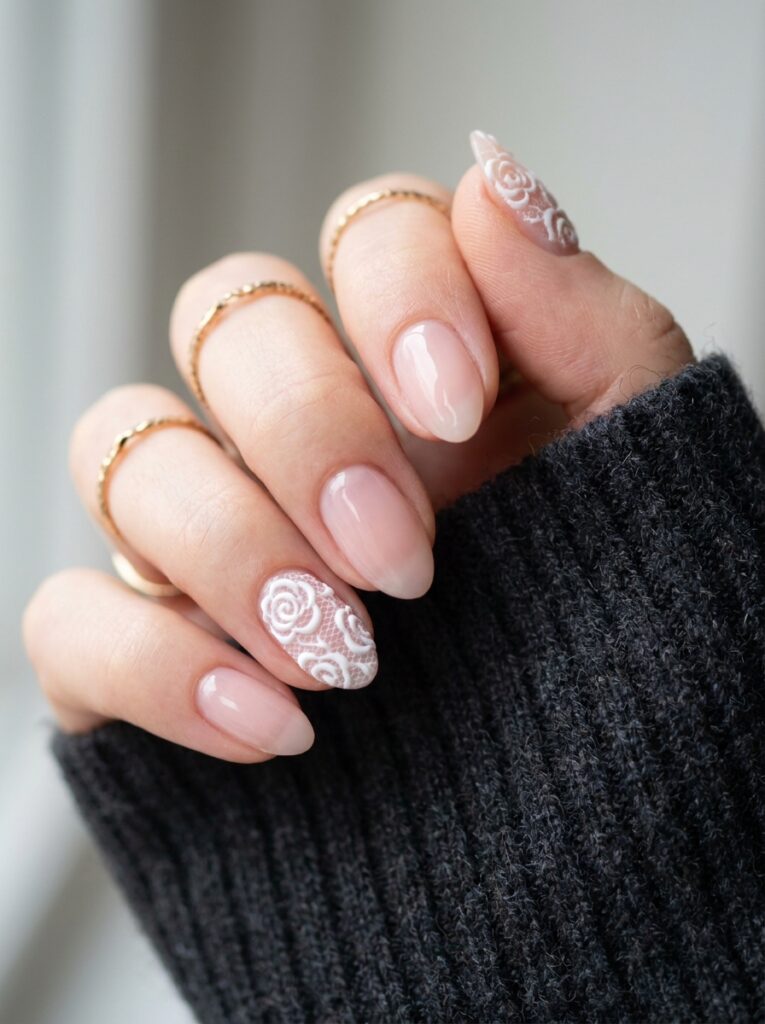 3d gel lace rosette nails on sheer pink