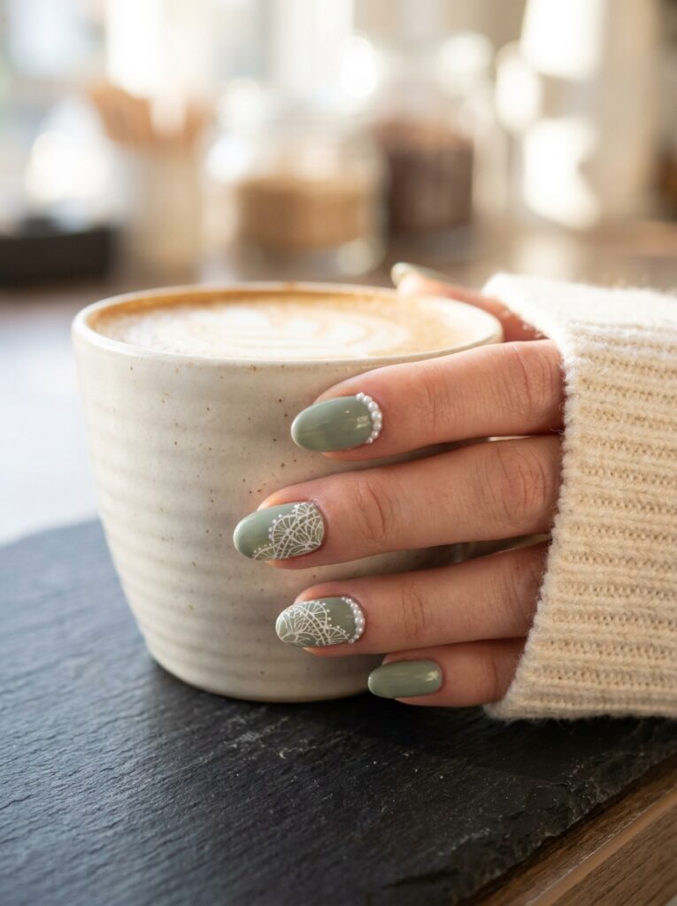 sage green lace nails with pearl trim