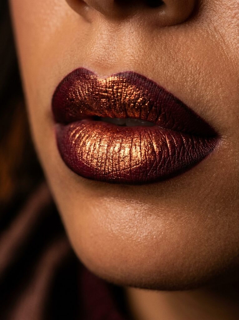metallic copper over deep wine lip combo