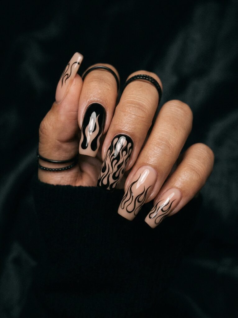 black flame line art nails