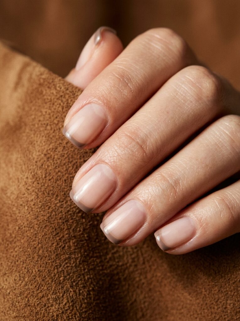 taupe micro french tip nails on short square shape