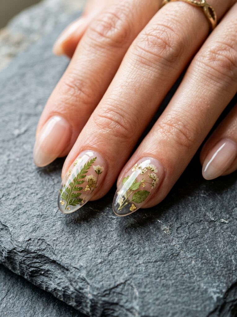 pressed dried green florals encapsulated in jelly nails
