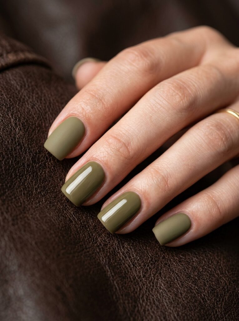 matte khaki nails with glossy accent nails