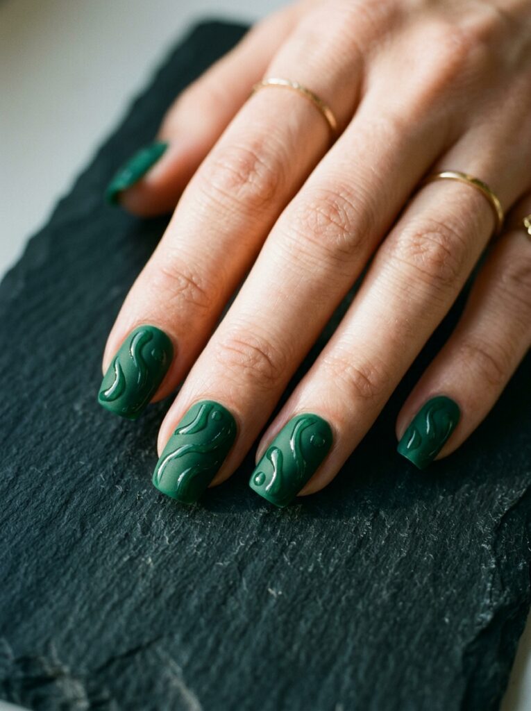 matte emerald nails with glossy swirls