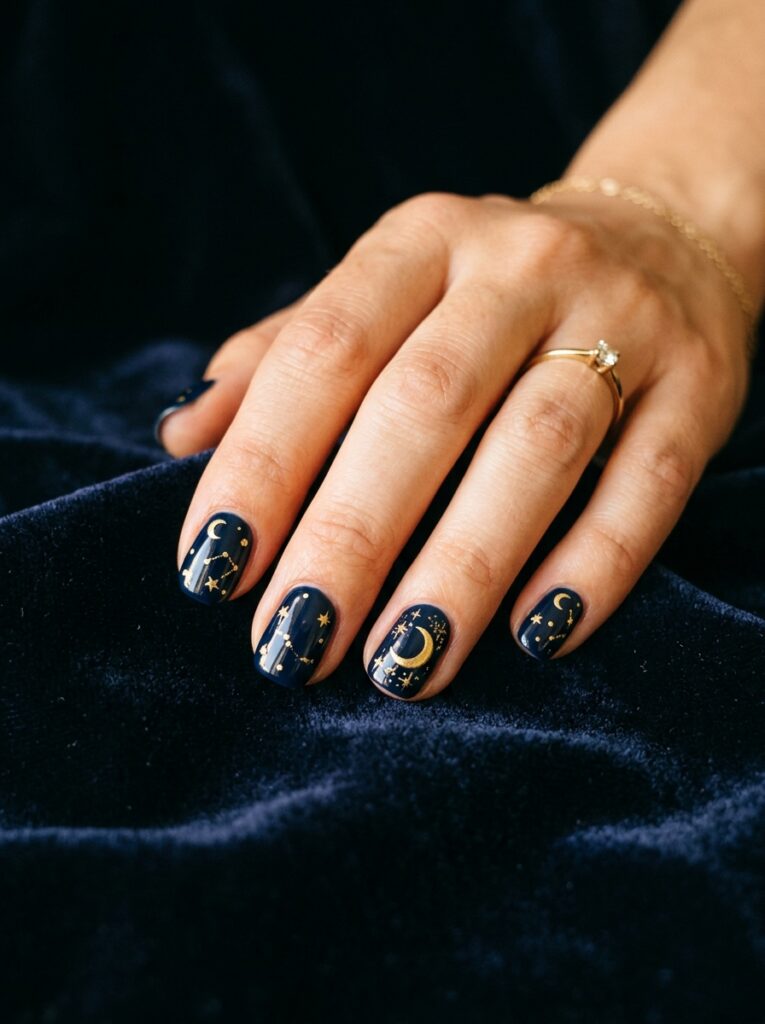 gold celestial moon and star nails