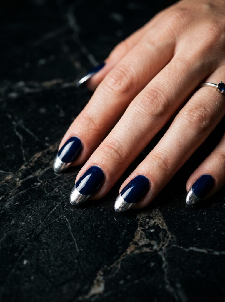 midnight sapphire nails with silver chrome tips