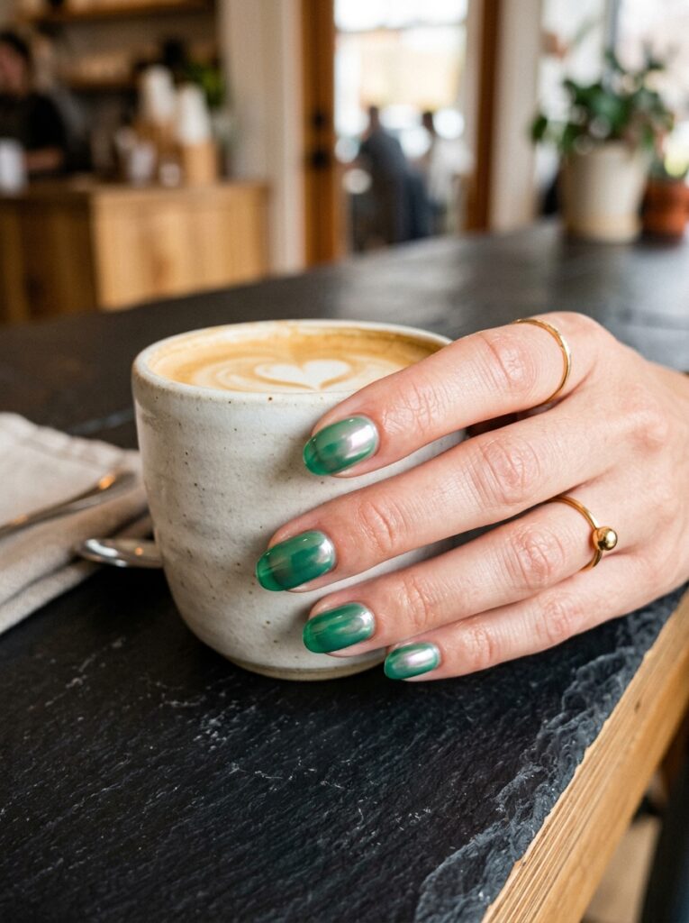 glazed pearl chrome over emerald jelly nails