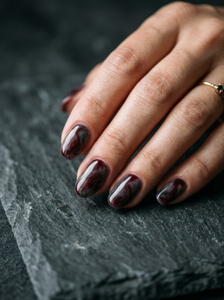 bordeaux and charcoal smoke marble nails