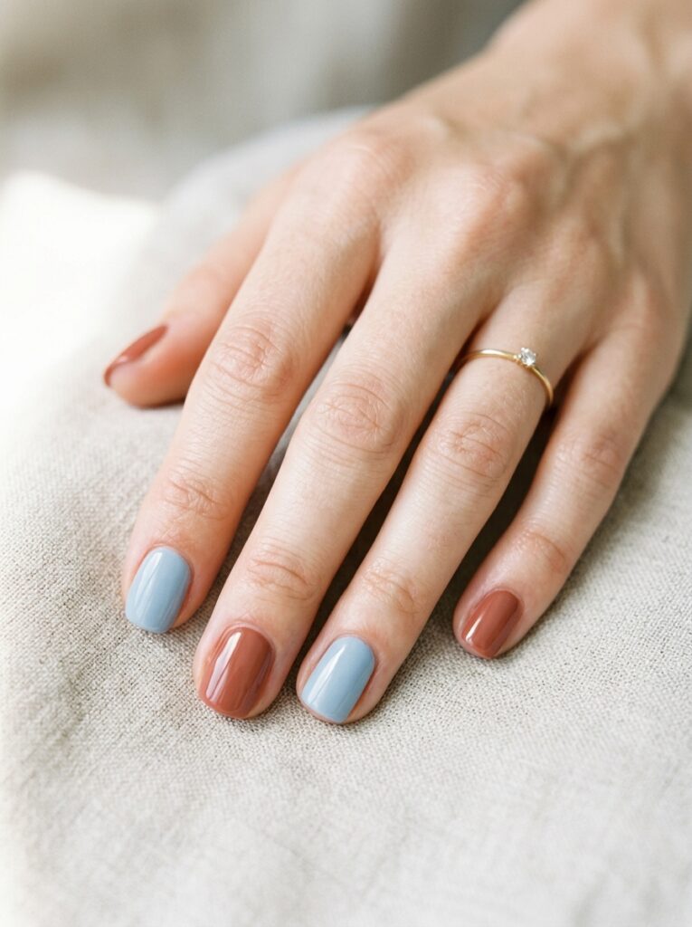 terracotta and powder blue nail combo