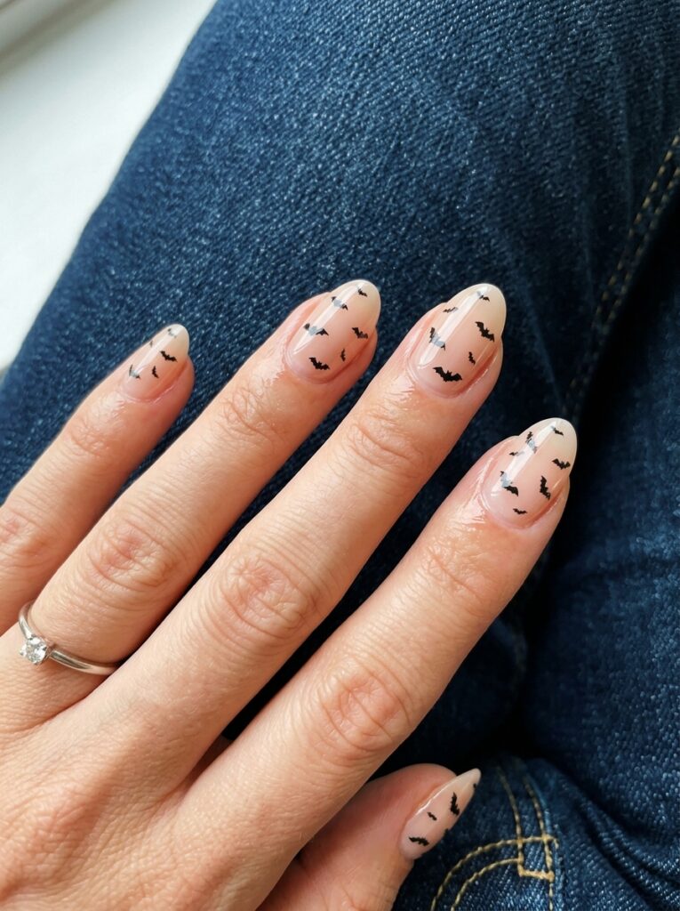 micro bat nail art on sheer nude